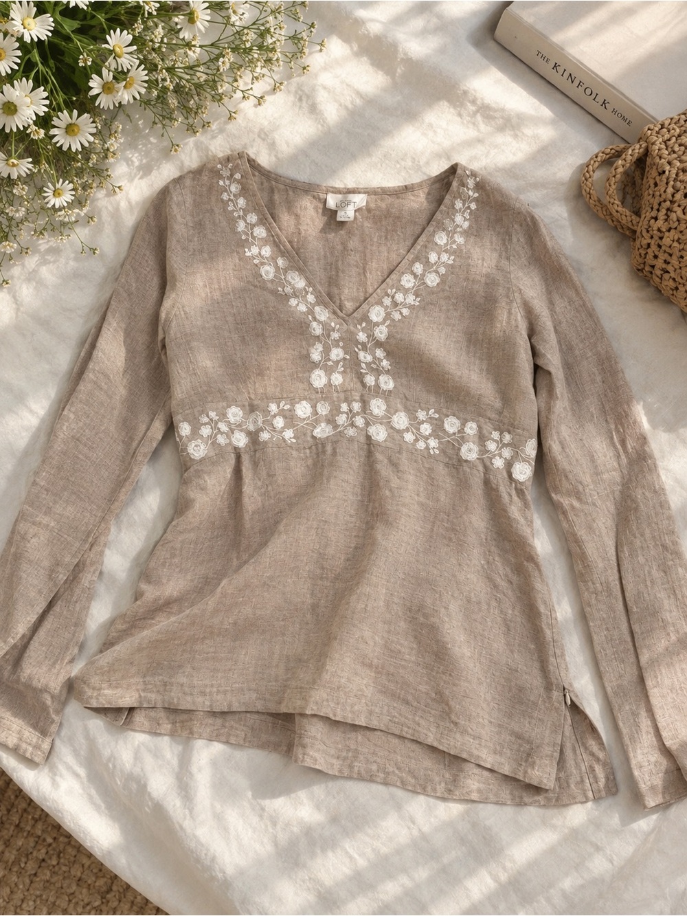 LOFT Beige Linen V-Neck Tunic with White Floral Embroidery